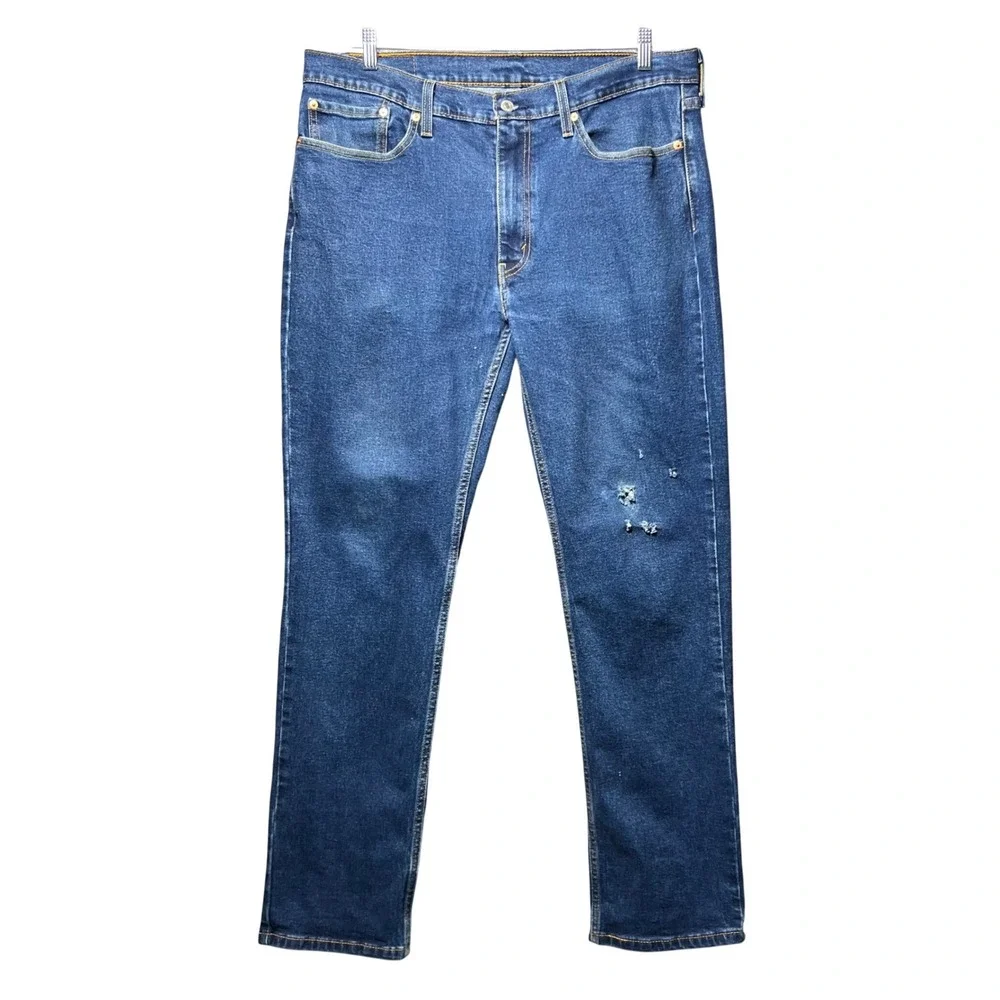 Levis 514 Straight Fit Mens Jeans Blue Denim 36x32 Distressed Stretch